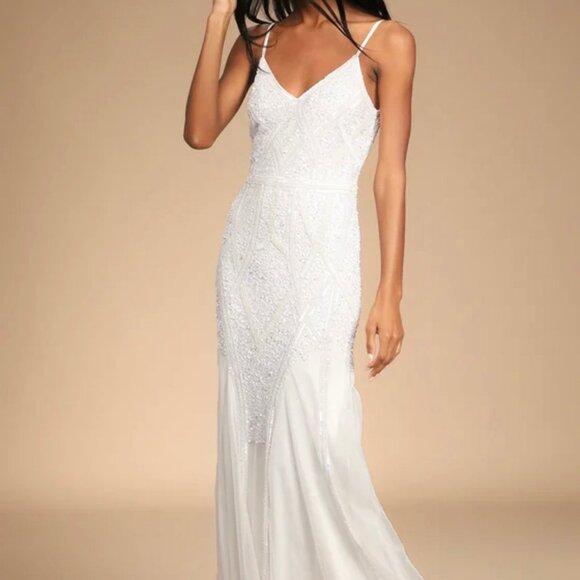 Lulus Maxi Dress Womens Size Large White Beaded Sequin Just the Beginning Bridal - Picture 1 of 8